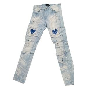 Focus Jeans Mens 34x32 Light Wash Distressed Moto Denim Blue Broken Heart Patch
